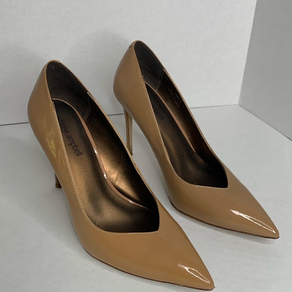 Jeffrey Campbell tan patent leather pointed toe pumps